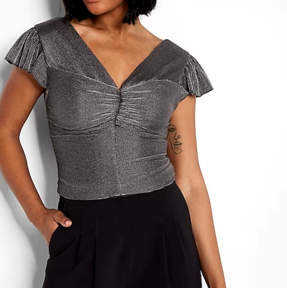 Express Metallic Pleated Flutter Sleeve Cropped Top Size Small - Picture 2 of 6